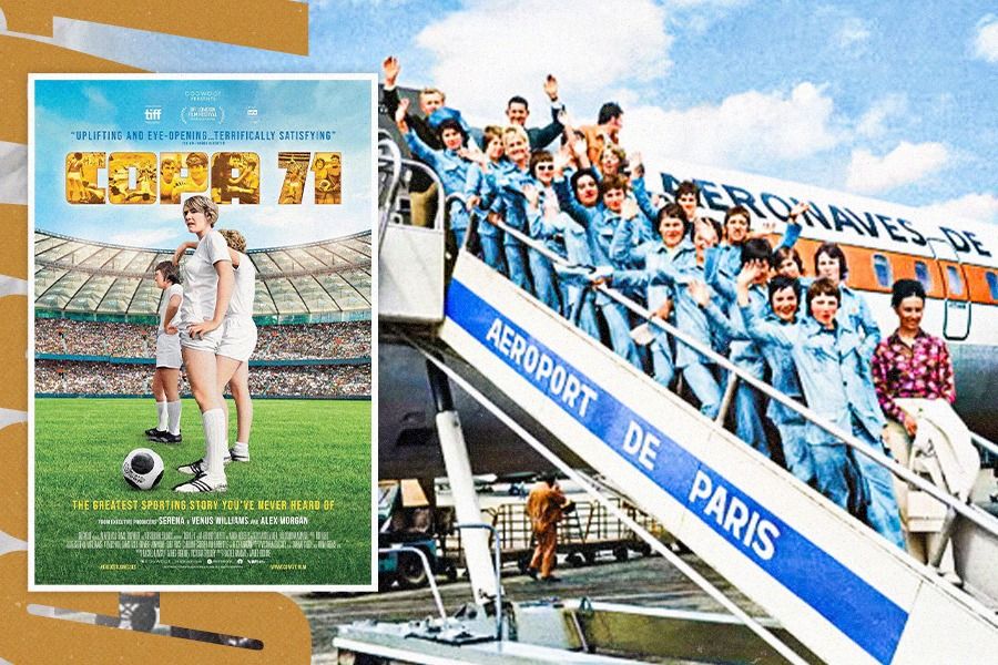 Poster film Copa 71 dan tim wanita Prancis saat tiba di Meksiko untuk turun di Piala Dunia Wanita 1971 yang tidak pernah direstui FIFA. (Dede Mauladi/Skor.id)