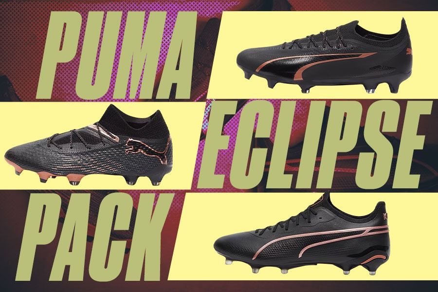 Seri sepatu bola “Eclipse Pack” dari Puma terdiri dari Future 7 Ultimate (kiri tengah), Ultra Ultimate (atas kanan), dan King Ultimate. (M. Yusuf/Skor.id)  