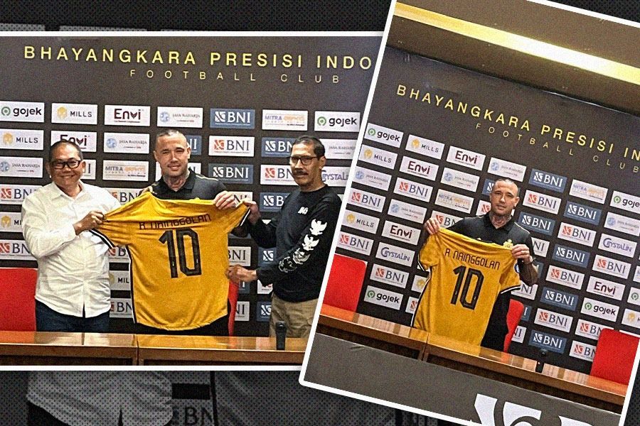 Jumpa pers Radja Nainggolan yang menjadi pemain baru Bhayangkara FC di ruang konferensi pers Stadion SUGBK, Senin (4/12/2023). (Hendy Andika/Skor.id)