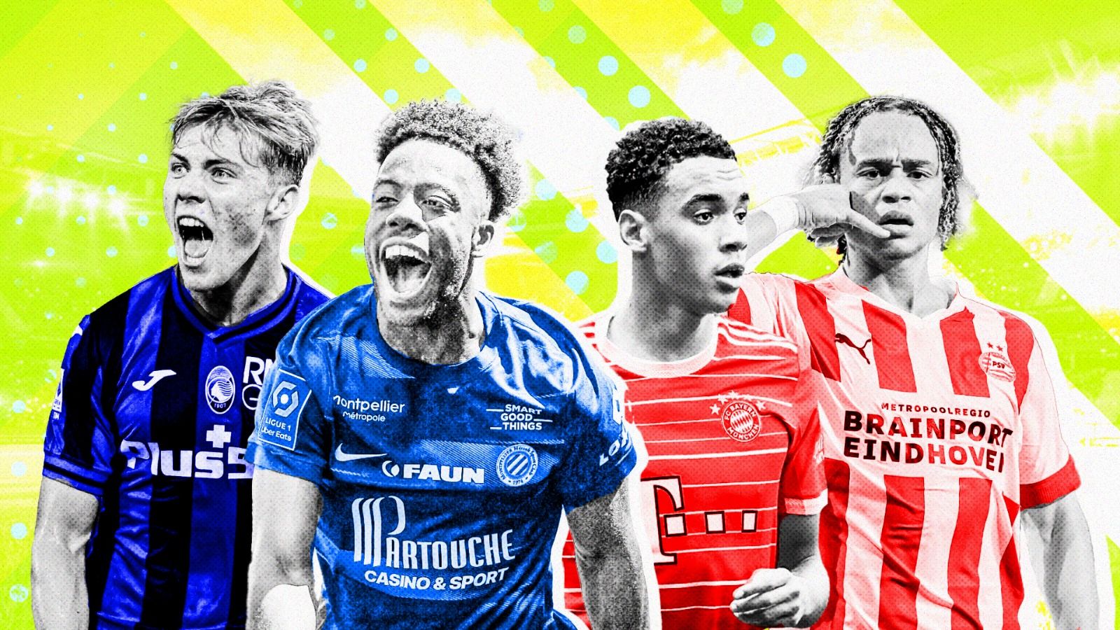 Bintang muda di sepak bola Eropa: Rasmus Hojlund, Elye Wahi, Jamal Musiala, Xavi Simons (Dede Mauladi/Skor.id).