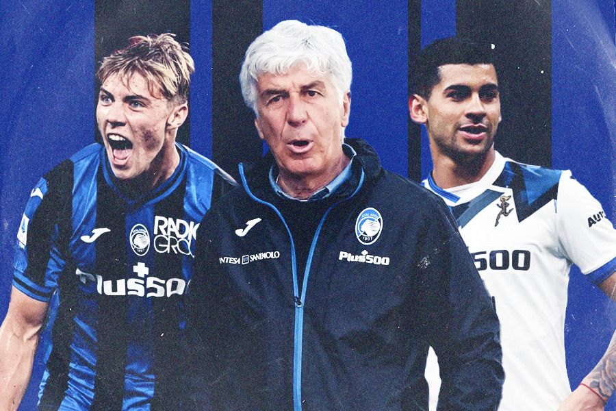 Rasmus Hojlund, Gian Piero Gasperini, dan Cristian Romero di Atalanta. (Jovi Arnanda/Skor.id).