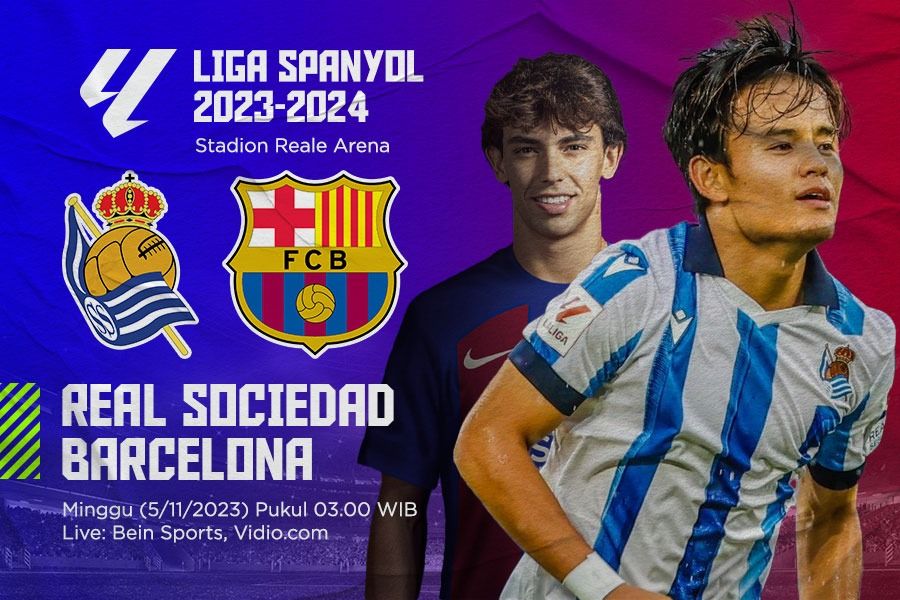 Pertandingan La Liga 2023-2024 mempertemukan Real Sociedad vs Barcelona. (Yusuf/Skor.di).