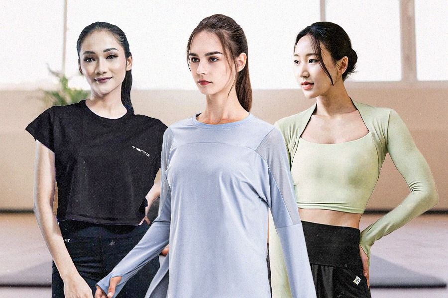 Merek-merek baju yoga seperti Tiento Aurora Crop Top Dryfit Woman, Reytorrm Atasan Yoga CX030, dan Xexymix Slim Fit Yoga Crop Bolero (ki-ka), bisa jadi pilihan para ibu. (Dede S. Mauladi/Skor.id)