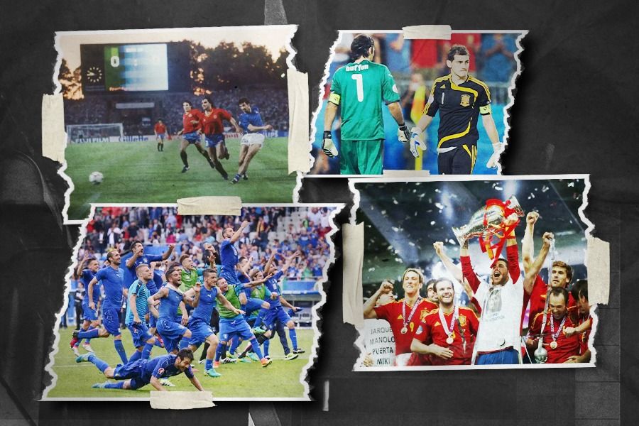 Foto-foto di atas hanyalah gambaran kecil rivalitas Italia dan Spanyol di Piala Eropa yang dimulai sejak 1980. Tahun ini, mereka berada di grup yang sama di Euro 2024. (Rahmat Ari Hidayat/Skor.id)