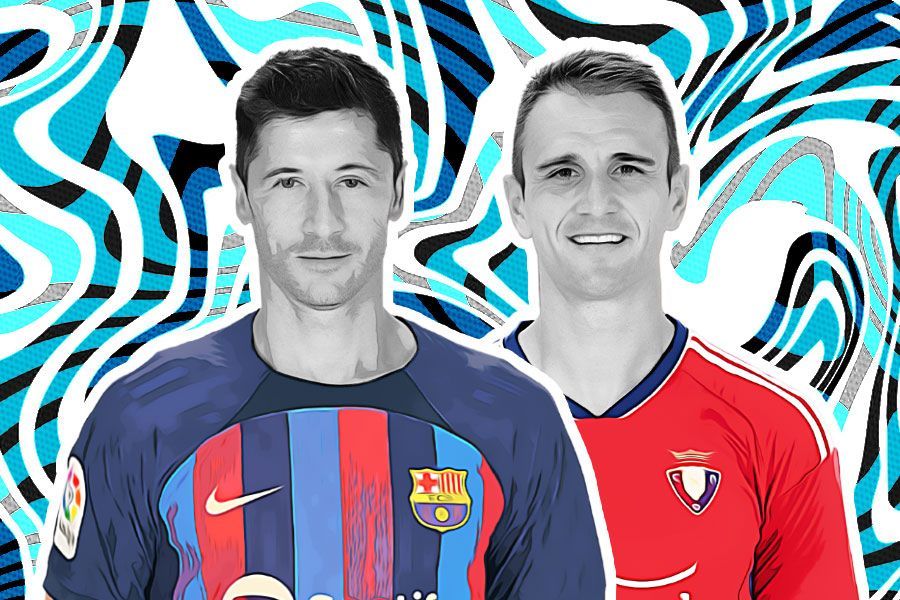 Robert Lewandowski dan Kike Garcia, Barcelona vs Osasuna (Hendy AS/Skor.id).