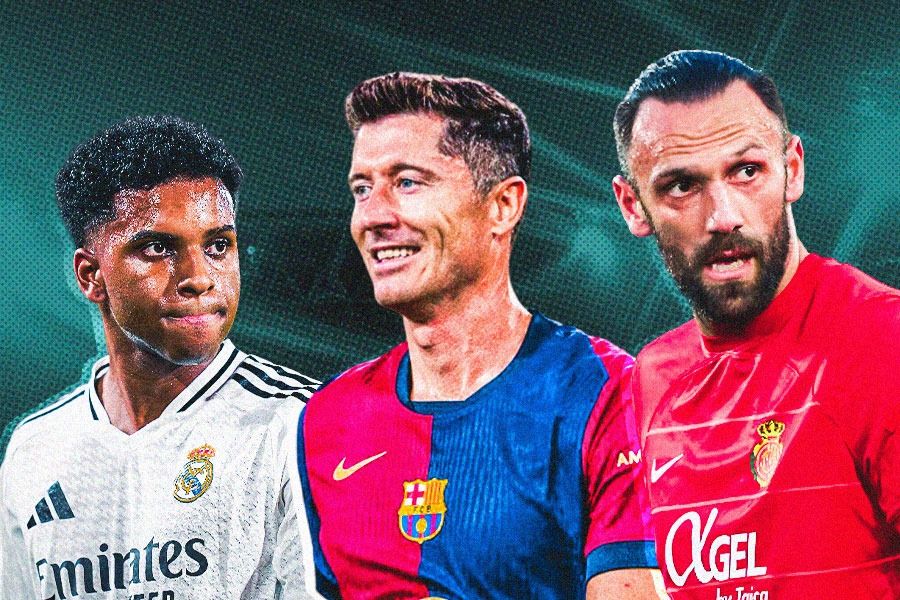 Rodrygo (Real Madrid), Robert Lewandowski (Barcelona), Vedat Muriqi (Mallorca), masuk ke dalam Best XI pekan pertama La Liga 2024-2025. (Hendy Andika/Skor.id).