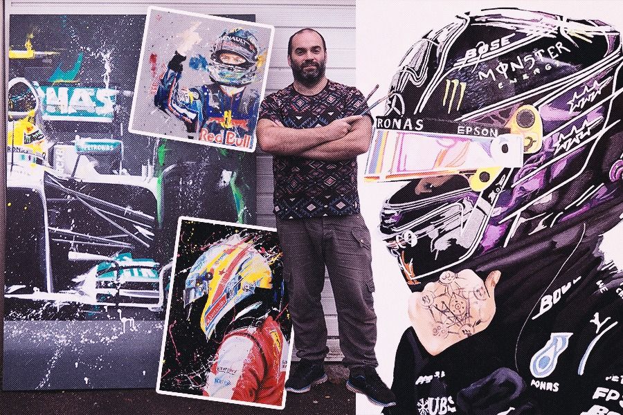 Sean Wales menyukai Formula 1 dan menuangkannya lewat lukisan-lukisan potret para pemenang balapan dan juara dunia. (Rahmat Ari Hidayat/Skor.id)
