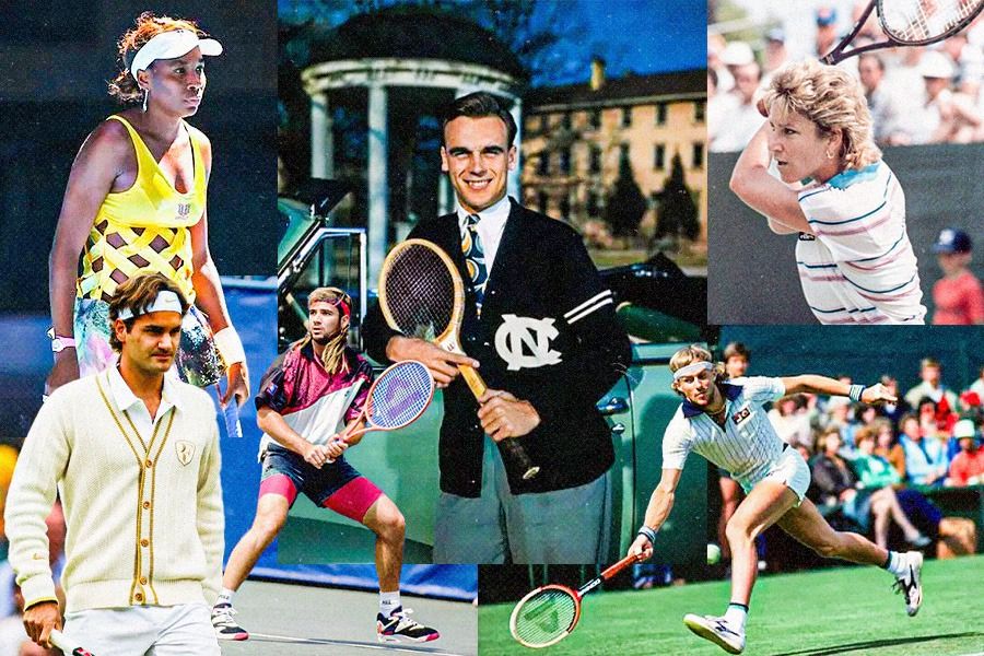 Fesyen dan style Venus Williams (era 2000-an), Vic Seixas (1950-an), Chris Evert (1980-an), Bjorn Borg (1970-an), Andre Agassi (1990-an), dan Roger Federer (kini) membuktikan evolusi penampilan para petenis di lapangan. (Dede S. Mauladi/Skor.id)