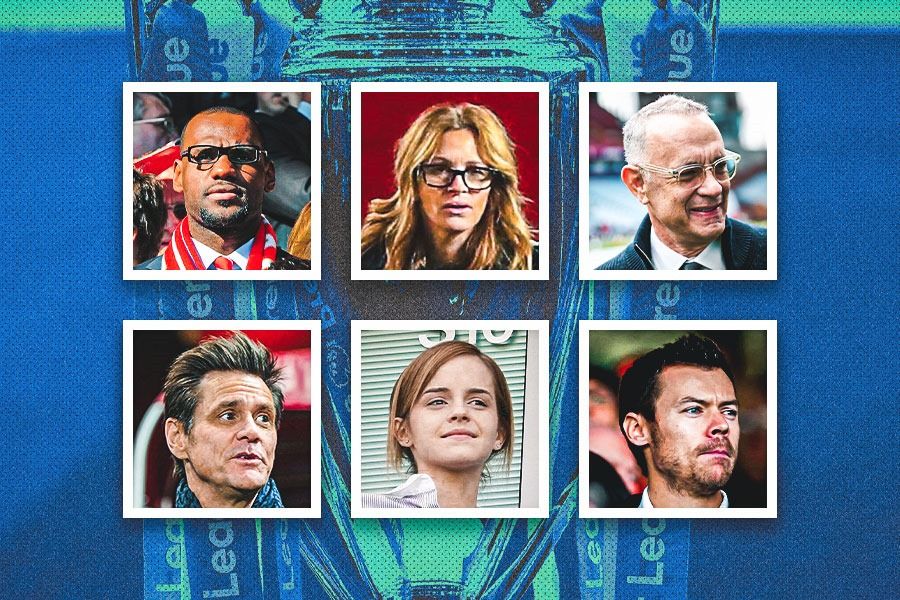 Searah jarum jam dari kiri atas: LeBron James, Julia Roberts, Tom Hanks, Harry Styles, Emma Watson, dan Jim Carrey, hanyalah beberapa pesohor yang menggemari klub Liga Inggris. (Hendy AS/Skor.id)