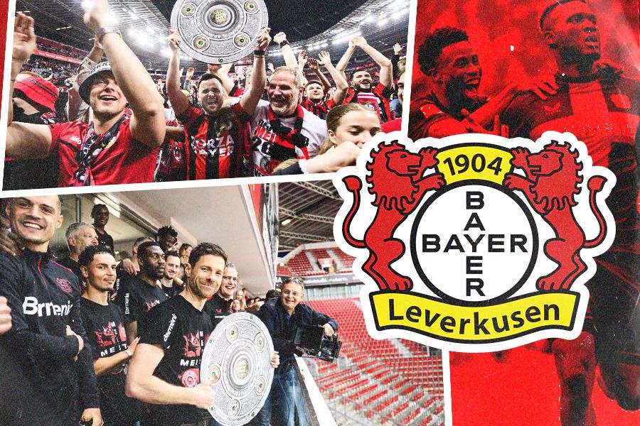 Pemain dan pelatih Bayer Leverkusen dan fans merayakan gelar Liga Jerman 2023-2024. (Jovi Arnanda/Skor.id).