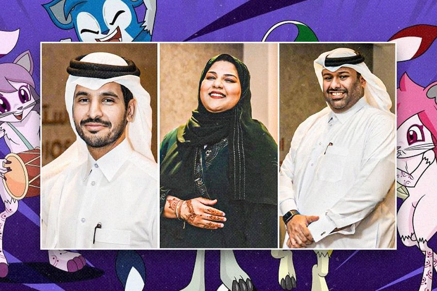 Tiga seniman Qatar yang ikut terlibat memeriahkan Piala Asia 2023. Ki-ka: Ahmed Al Maadheed, Dana Al Meer, dan Fahad Al Kuwari. (Dede Mauladi/Skor.id)