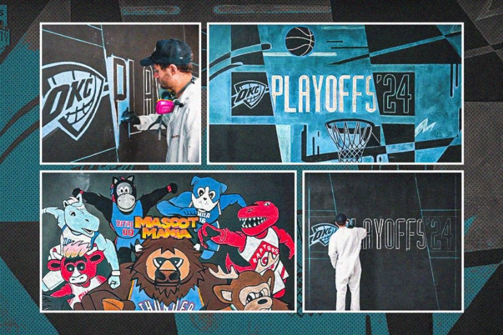 Seniman asal Oklahoma Zach Junker saat membuat mural di kandang OKC Thunder jelang playoff NBA. (Hendy AS/Skor.id)