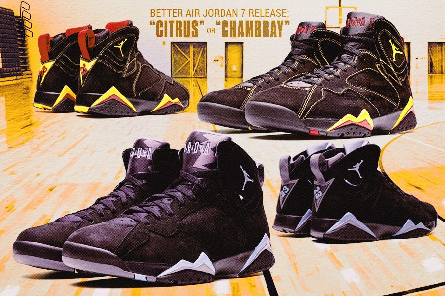 Sepatu Air Jordan 7 "Citrus" (foto atas) dan "Chambray" berbeda jauh jika melihat jalur warna namun memiliki aura yang serupa. (Rahmat Ari Hidayat/Skor.id)