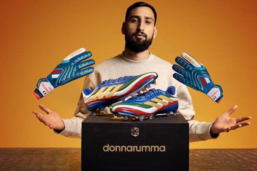 Sepatu bola dan sarung tangan custom untuk Gianuigi Donnaruma dari Jordan Dawson. (M. Yusuf/Skor.id)