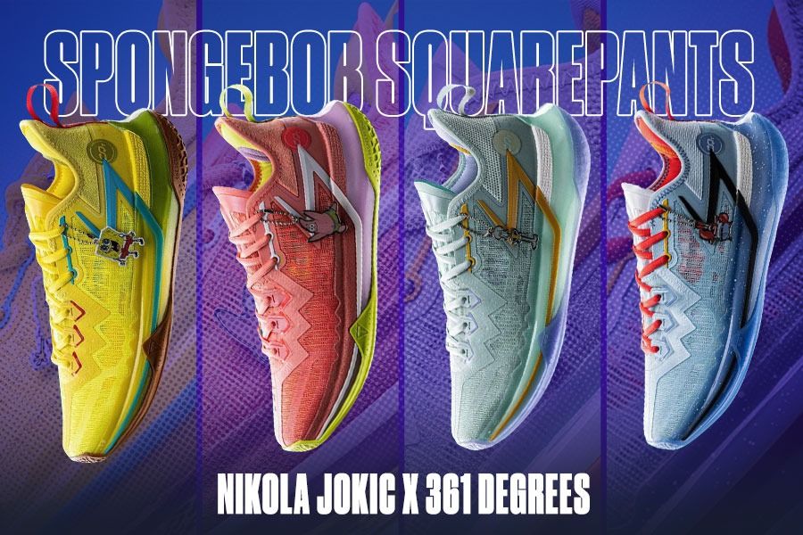 Sepatu khas untuk Nikola Jokic dari 361 Degrees, Big3 Future model low-cut, dirilis dalam empat warna berbeda bertema Spongebob Squarepants. (M Yusuf/Skor.id)