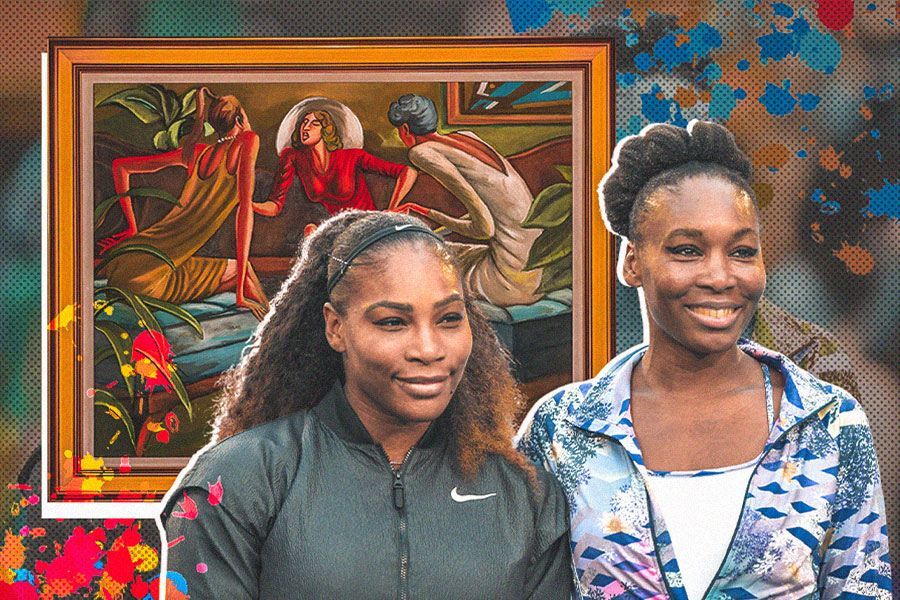 Serena dan Venus Williams dengan latar lukisan karya Ernie Barnes. (