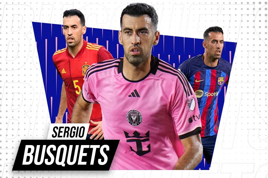 Sergio Busquets pernah membela Barcelona, Timnas Spanyol, hingga Inter Miami. (Grafis: Yudhy Kurnniawan/Skor.id).