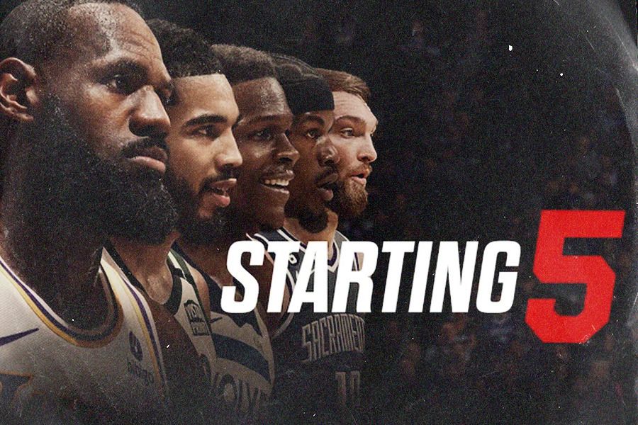 Starting 5 mengungkapkan sepak terjang para bintang NBA: LeBron James, Jayson Tatum, Anthony Edwards, Jimmy Butler, dan Domantas Sabonis, sepanjang musim 2023-2024. (Jovi Arnanda/Skor.id)  