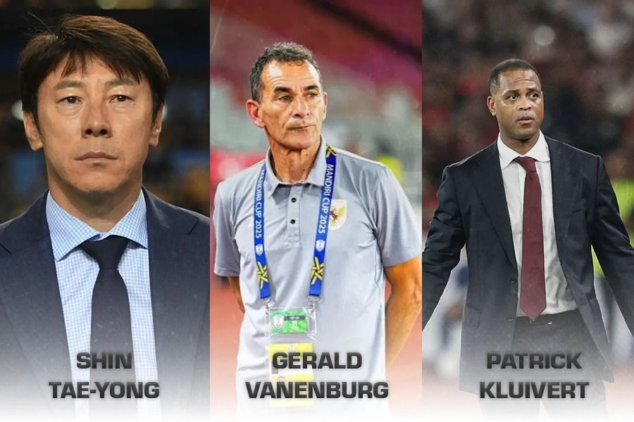 Shin Tae-yong, Gerald Vanenburg dan Patrick Kluivert. (Grafis:Kevin Bagus Prinusa/Skor.id)