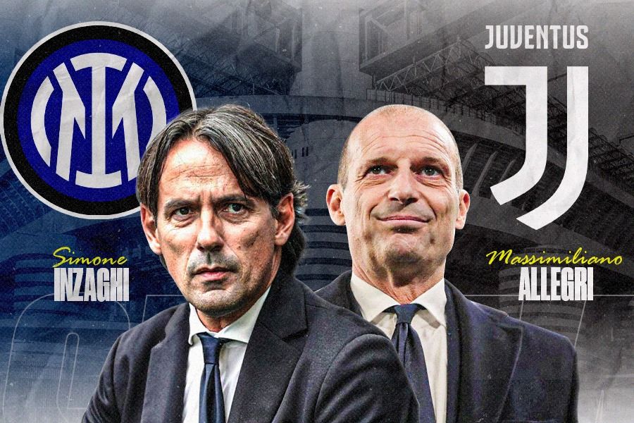 Pelatih Inter Milan, Simone Inzaghi dan pelatih Juventus, Massimiliano Allegri. (Dede Sopatal Mauladi/Skor.id).
