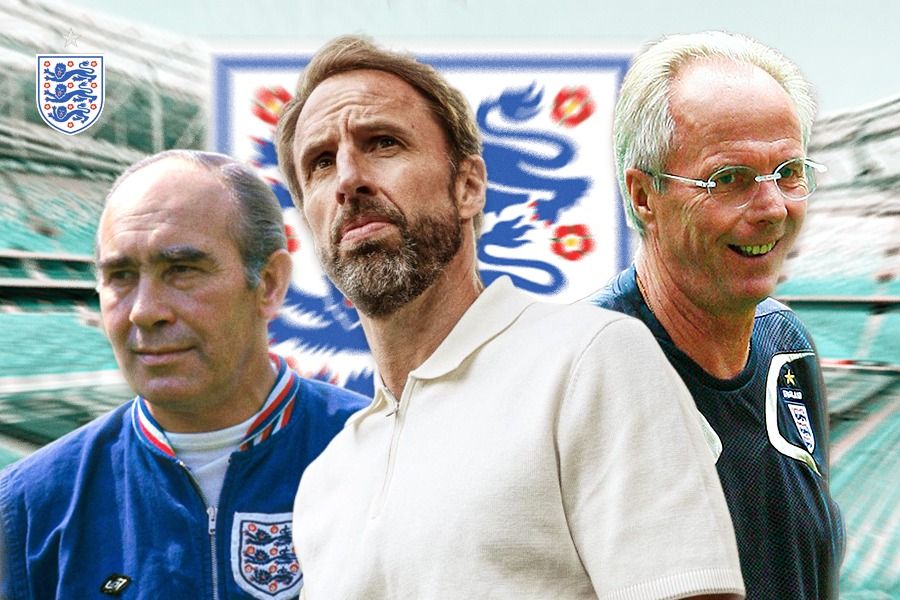 Sir Alf Ramsey, Gareth Southgate, dan Sven-Goran Eriksson masuk ke dalam daftar pelatih Timnas Inggris dengan laga terbanyak. (Rahmat Ari Hidayat/Skor.id).