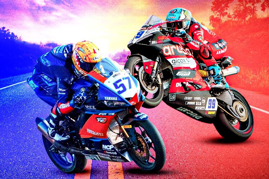 Aldi Satya Mahendra (foto kiri) menjuarai WorldSSP300 2024 di atas Yamaha YZF-R3 sedangkan Adrian Huertas menguasai WorldSSP dengan Ducati Panigale V2. (Rahmat Ari Hidayat/Skor.id) 