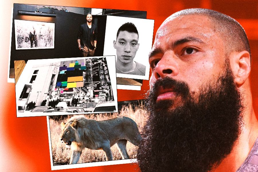 Legenda NBA Tyson Chandler (kanan) dan karya-karya fotonya (Rahmat Ari Hidayat/Skor.id).