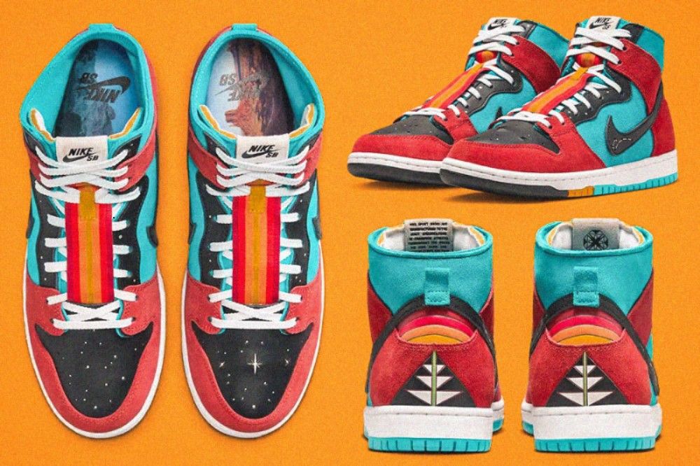 Sneaker karya kolaborasi seniman Di'orr Greenwood dan Nike SB Dunk High (Hendy Andika/Skor.id).
