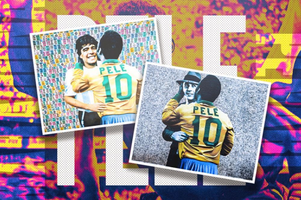 Serial poster Pele the Kisser di antaranya menampilkan Pele mencium Maradona dan yang terbaru, mencium Carlos Gardel (Hendy AS/Skor.id).