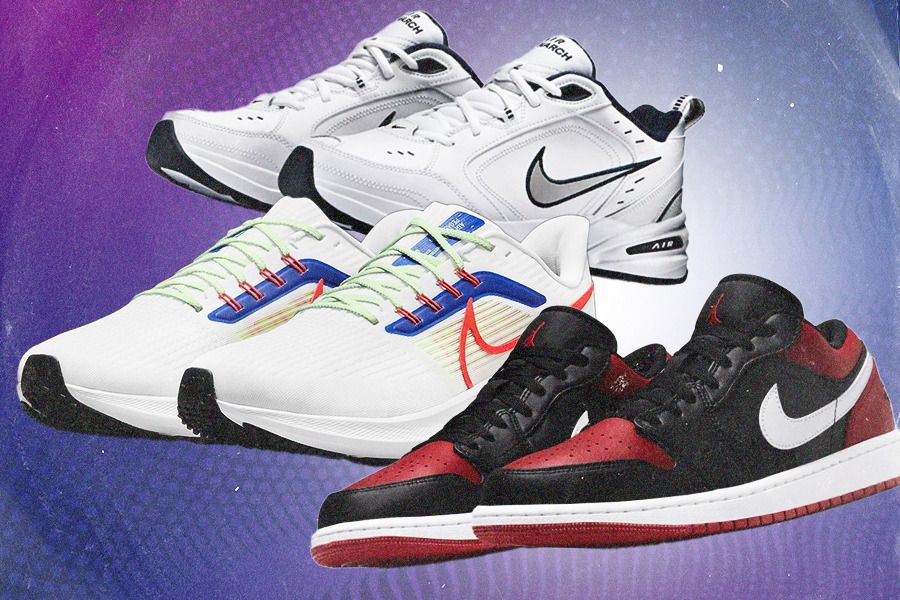 Nike Air Monarch IV, Nike Pegasus 40, dan Air Jordan 1 Low (Jovi Arnanda/Skor.id).