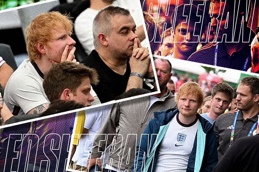 Berbagai ekspresi Ed Sheeran saat mendukung Timnas Inggris di Euro 2024 Jerman (Yusuf/Skor.id).
