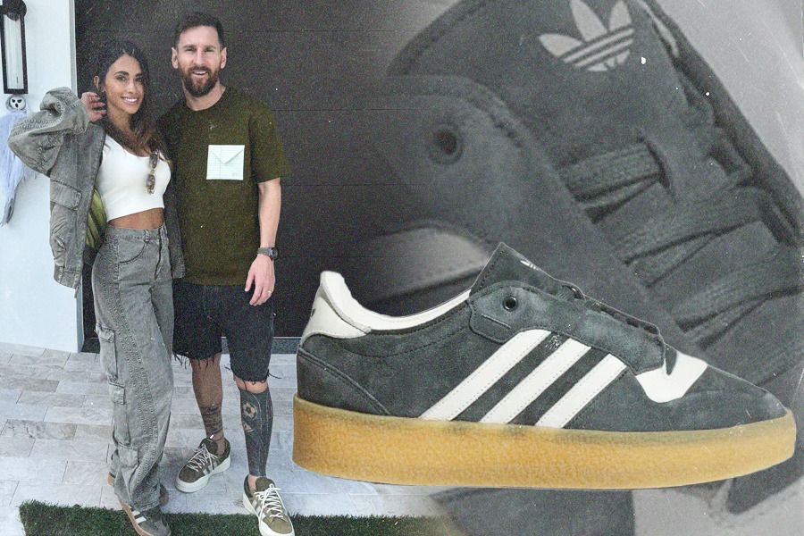 Antonela Roccuzzo (kiri), istri Lionel Messi, tampil trendy dan sporty dengan sepatu Adidas Originals Rivalry Crepe (Jovi Arnanda/Skor.id).