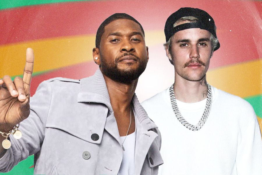 Ki-ka: Usher dan Justin Bieber. Usher sempat mengajak Justin tampil sebagai bintang tamu dalam Super Bowl Halftime Show LVIII lalu (Jovi Arnanda/Skor.id).
