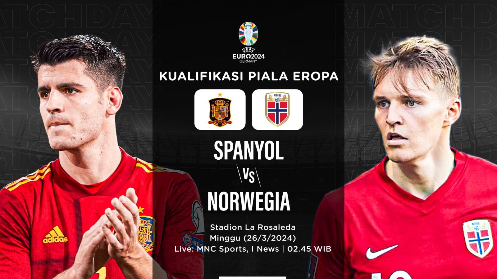 Spanyol vs Norwegia di Kualifikasi Euro 2024, Alvaro Morata dan Martin Odegaard (Dede Mauladi/Skor.id).