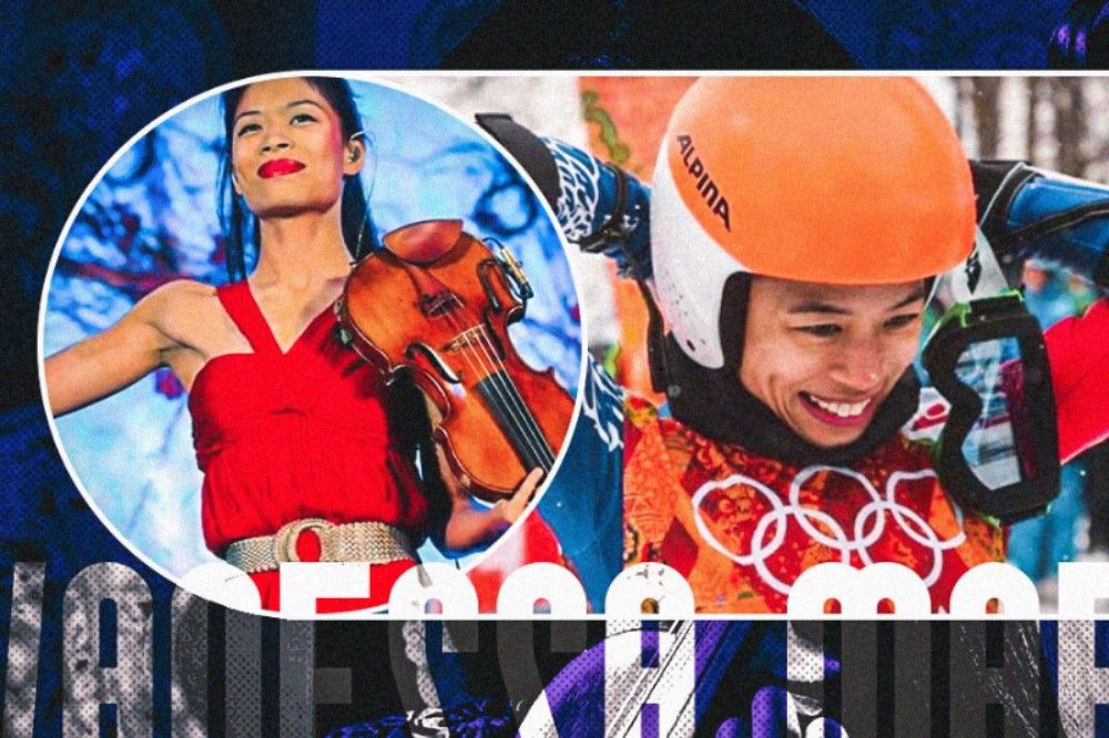 Vanessa Mae sebagai violin (kiri) dan atlet ski di Olimpiade Musim Dingin Sochi 2014 (Hendy Andika/Skor.id).