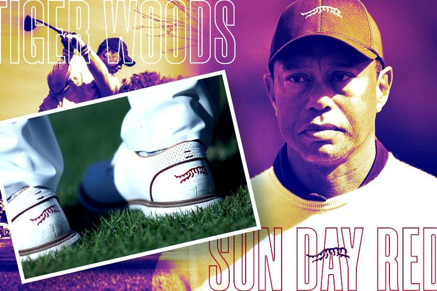 Pegolf kawakan Tiger Woods untuk kali pertama mengenakan apparel merek Sun Day Red di turnamen PGA setelah putus kontrak dengan Nike (Yusuf/Skor.id).