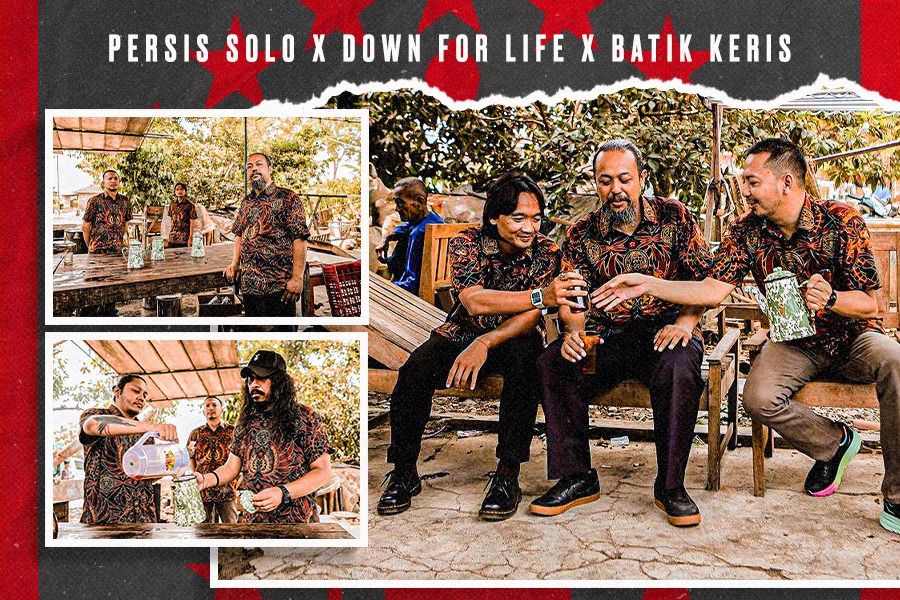 Personel Down For Life mengenakan batik kolaborasi Persis Solo x Down For Life x Batik Keris (Dede Sopatal Mauladi/Skor.id).