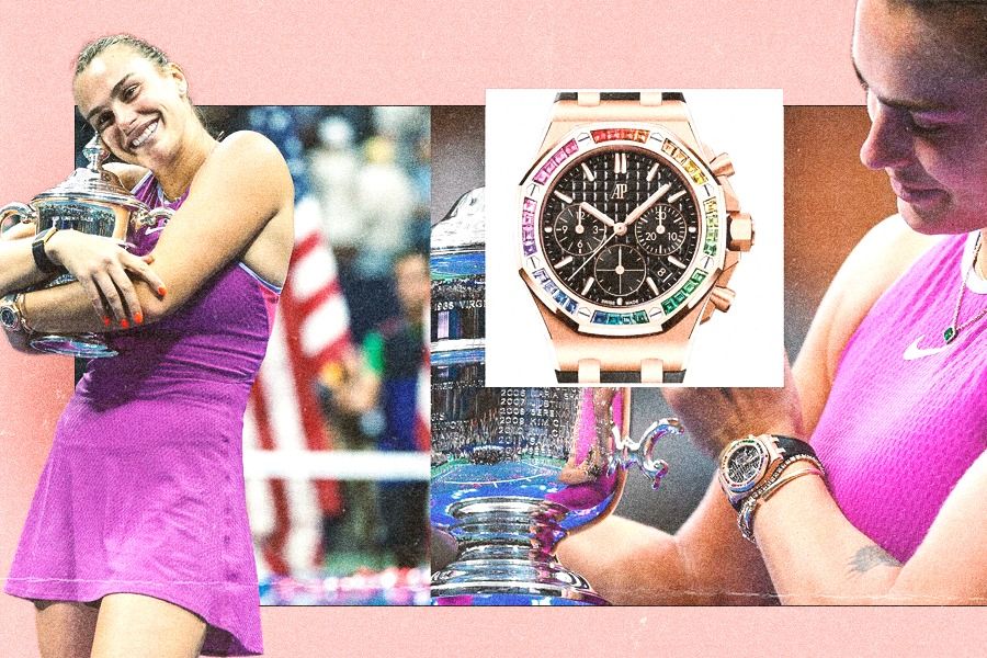 Petenis Belarus, Aryna Sabalenka, memakai arloji mewah Audemars Piguet saat mengangkat trofi US Open 2024 (Rahmat Ari Hidayat/Skor.id).