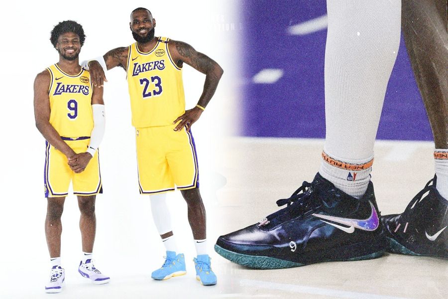 Bronny James (kiri) bersama sang ayah, LeBron James (foto kiri). Sepatu Nike LeBron yang dikenakan Bronny (foto kanan) (Jovi Arnanda/Skor.id).