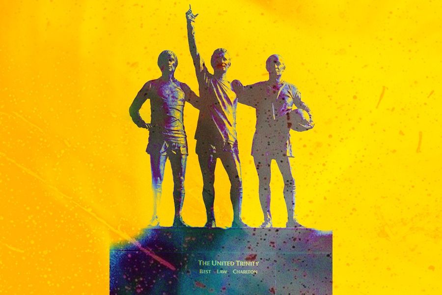 Ilustrasi patung United Trinity yang menggambarkan sosok George Best, Denis Law, dan Bobby Charlton (Deni Sulaeman/Skor.id).