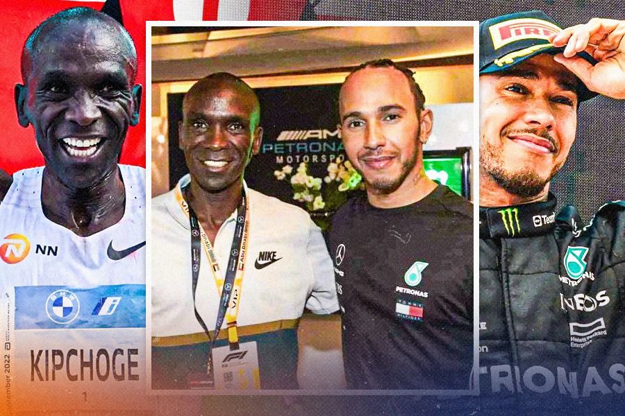 Pelari maraton Elius Kipchoge dan pembalap F1 Lewis Hamilton (Dede Sopatal Mauladi/Skor.id).