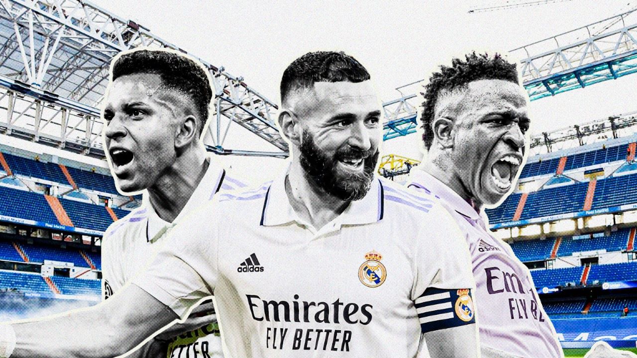 Trio Real Madrid, Rodrygo Goes, Karim Benzema, Vinicius Junior (Dede Mauladi/Skor.id).