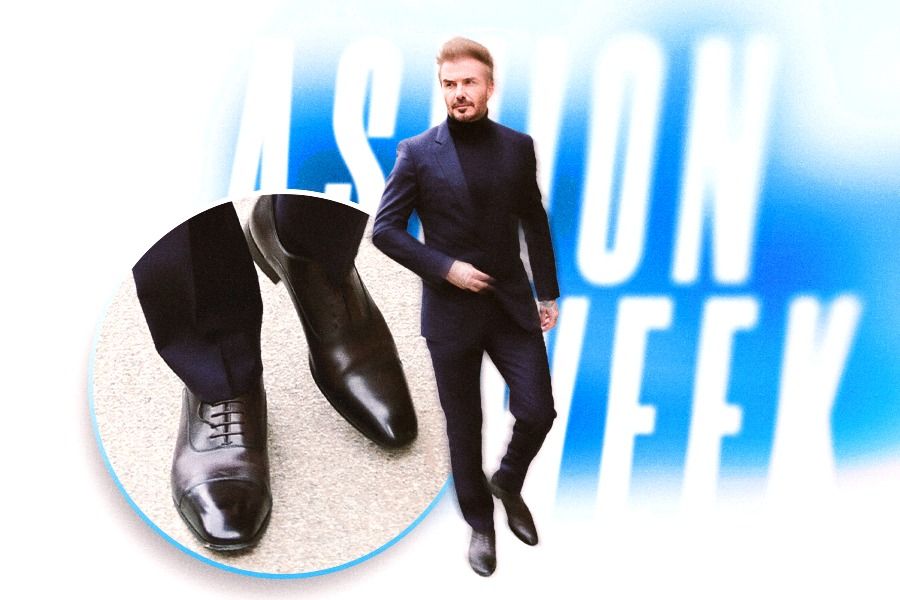 David Beckham bergaya dengan setelan jas Boss dan sepatu Oxford di Milan Fashion Week 2024 (Rahmat Ari Hidayat/Skor.id).