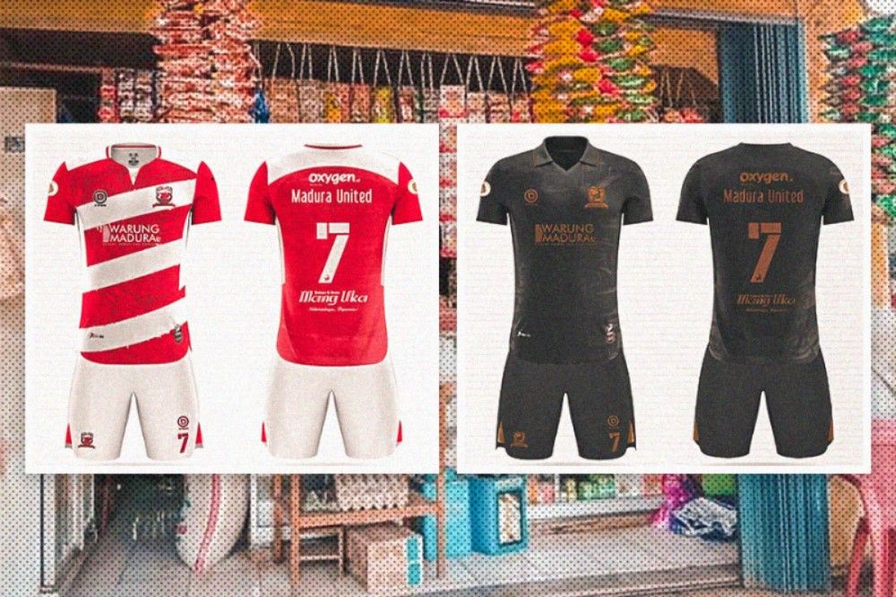 Jersey kolaborasi Madura United FC dan Warung Madura akan dikenakan dalam ajang Championship Series Liga 1 2023-2024 (Hendy Andika/Skor.id).