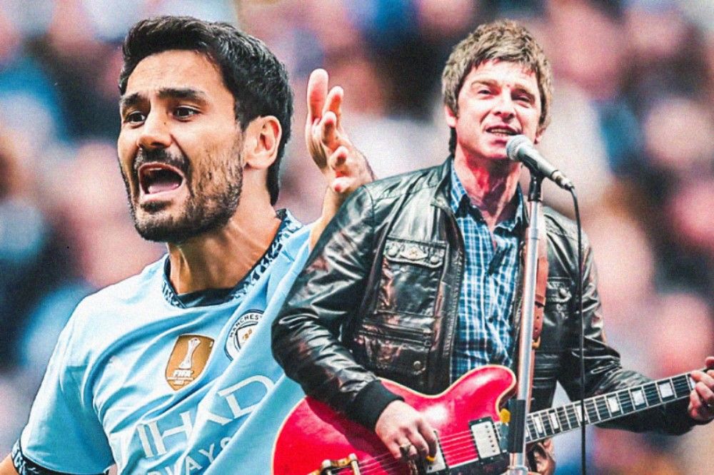 Vokalis grup band Oasis, Noel Gallagher (kanan), dan Ilkay Gundogan (Hendy Andika/Skor.id).