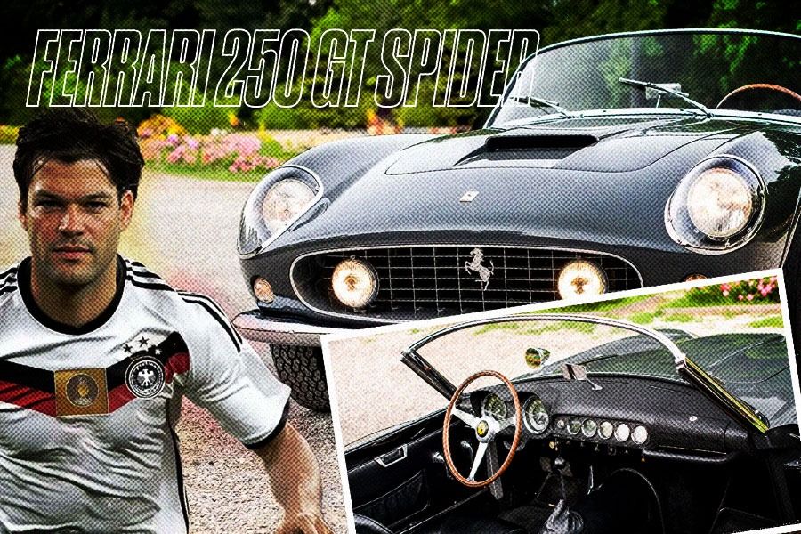 Michael Ballack saat masih aktif sebagai pemain dan mobil Ferrari 250 GT California Spider miliknya (Yusuf/Skor.id).
