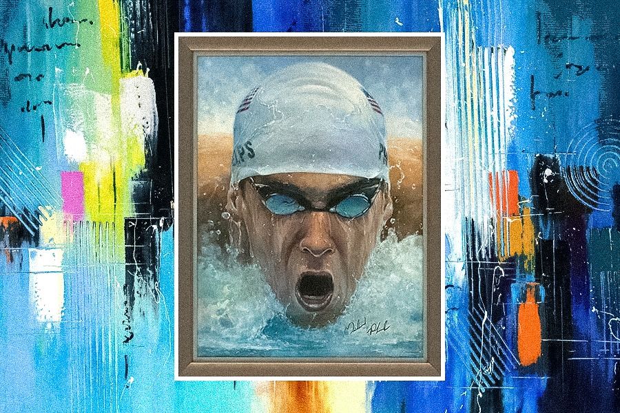 Salah satu lukisan perenang legendaris AS, Michael Phelps, karya seniman Brian Fox (Rahmat Ari Hidayat/Skor.id).