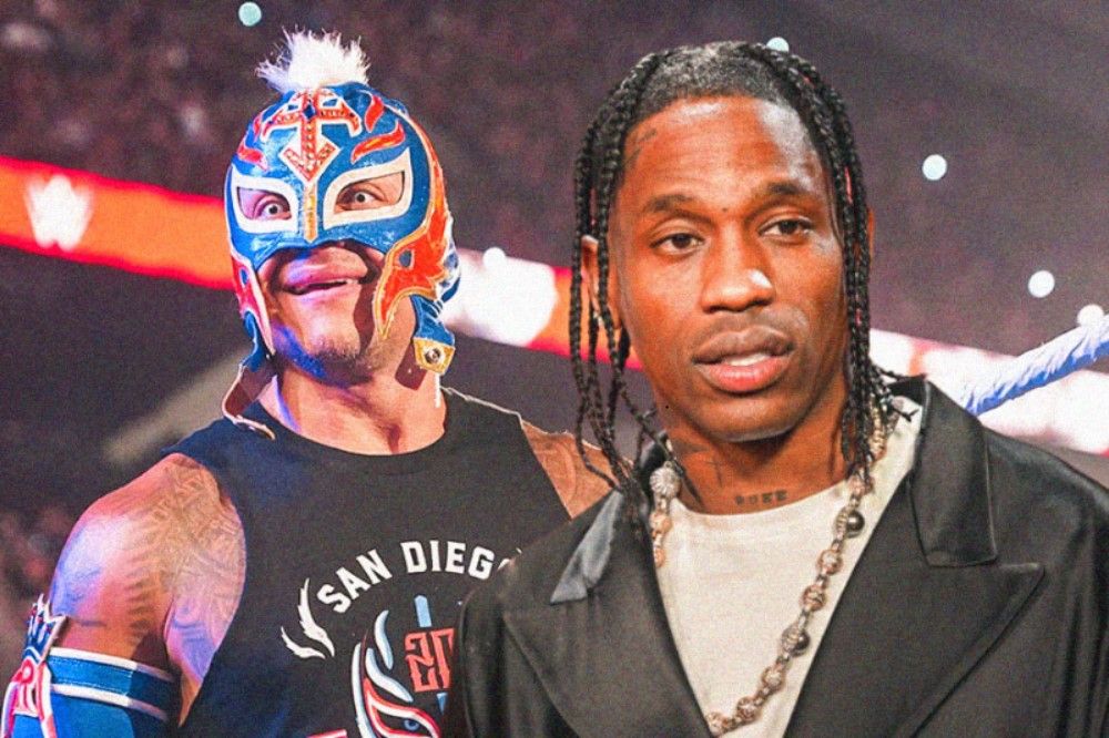 Pegulat WWE yang terkenal dengan topeng khasnya, Rey Mysterio (kiri) dan musisi rap Travis Scott (Hendy Andika/Skor.id).