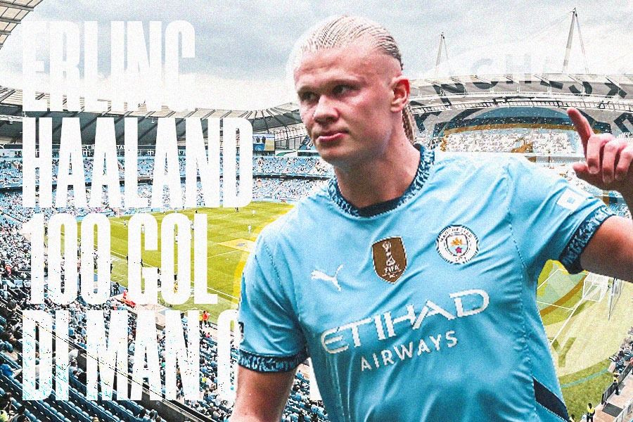 Erling Haaland berhasil mencetak 100 gol untuk Manchester City. (Hendy Andika/Skor.id)