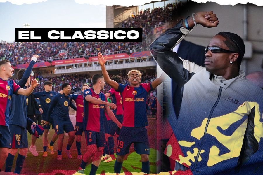 Rapper asal Amerika Serikat, Travis Scott, menghadiri El Clasico, Minggu (11/5/2025). (Grafis: Deni Sulaeman/Skor.id)